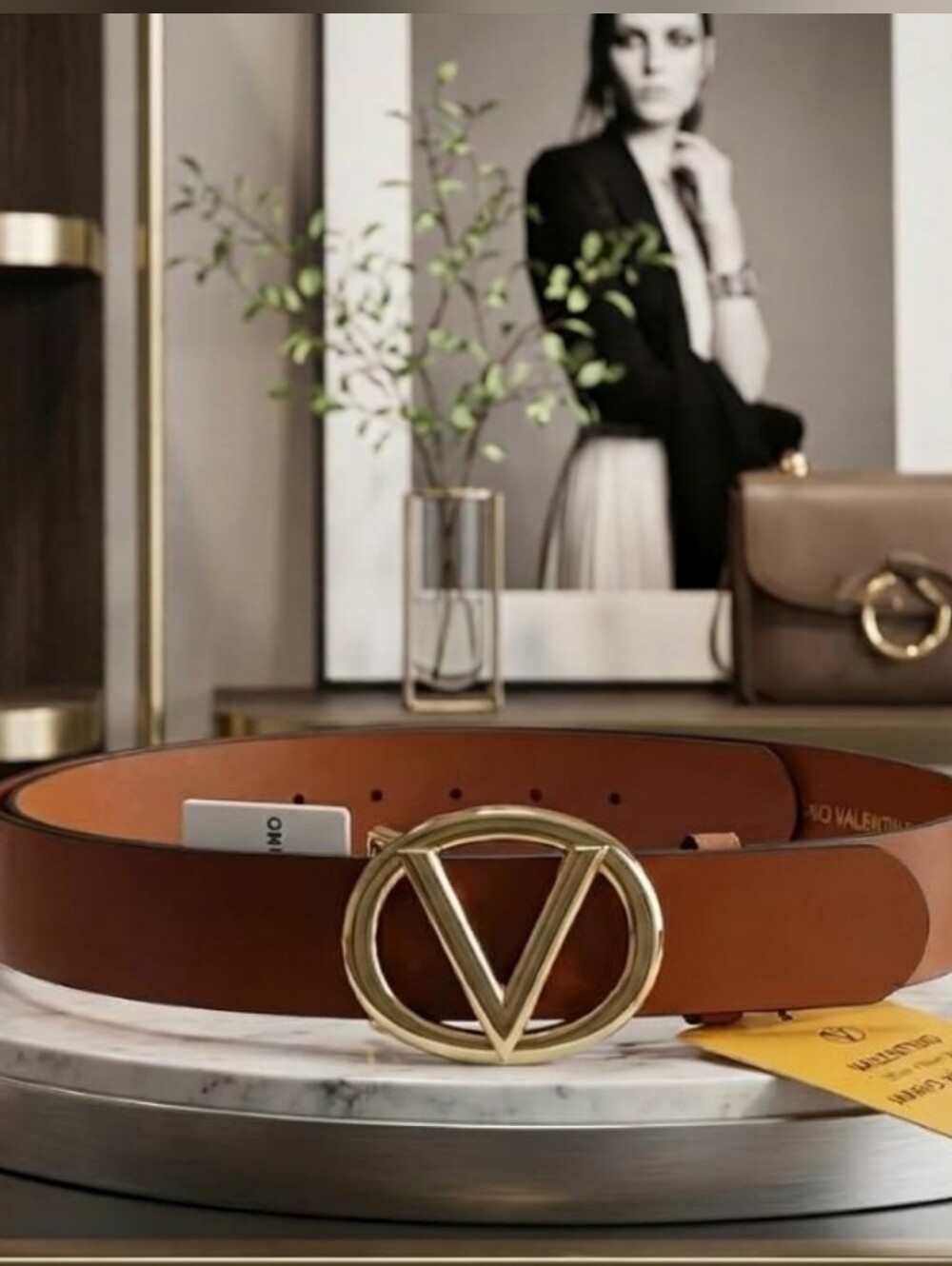 Mario Valentino Guisy Monogram Brown Leather Belt With Goldtone V Buckle Size L